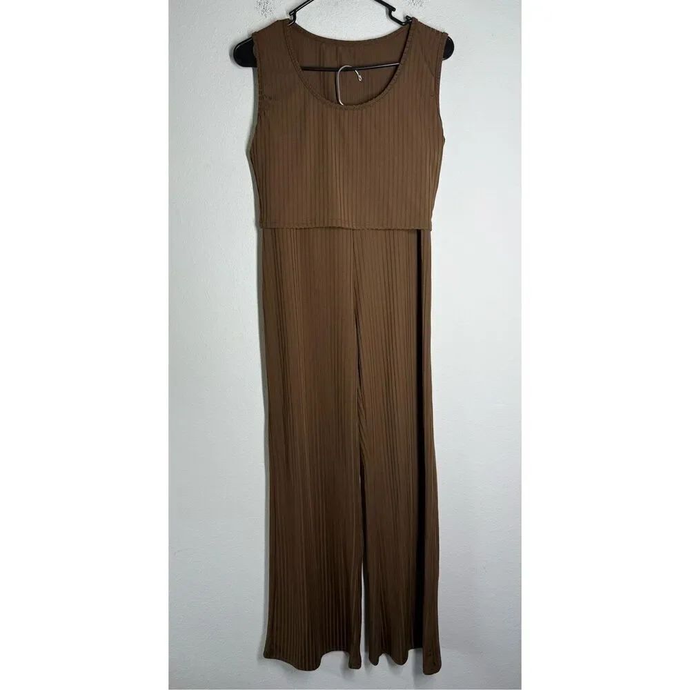 Women’s Cotton Blend Set Straight Pants Crop Tank Top Size L Brown Ribbed